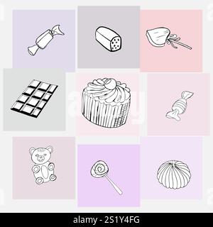 Dessert composition on multi-colored squares. Stock Vector