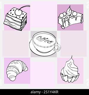 A coffee set of a cup of coffee and various desserts Stock Vector