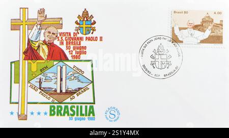 Letter with cancelled postage stamp printed by Brazil, that celebrates Visit of Pope John Paul II to Brasilia, Brazil, circa 1980. Stock Photo