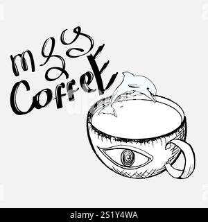Dolphin in a cup of coffee. Vector illustration. Stock Vector