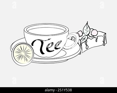 A cup of tea with cake and lemon. Stock Vector