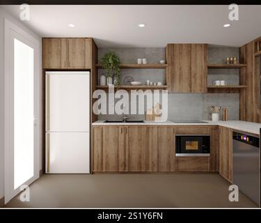 Minimalist white kitchen with island - 3d rendering Stock Photo - Alamy