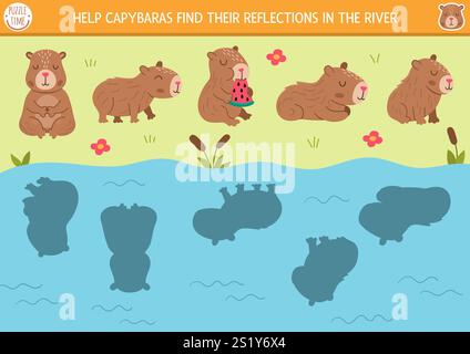 Capybara shadow matching activity with animals looking for their reflections in water. Capibara shape recognition puzzle with cute characters. Find co Stock Vector