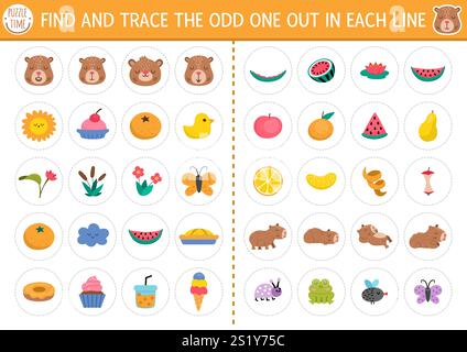 Find the odd one out. Capybara logical activity for kids. Capibara educational quiz worksheet for attention skills. Printable game with cute animals, Stock Vector