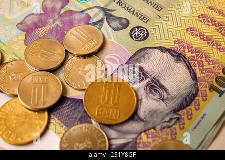 Romanian paper money. A pack of Romanian lei Stock Photo