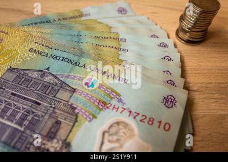 Romanian paper money. A pack of Romanian lei Stock Photo