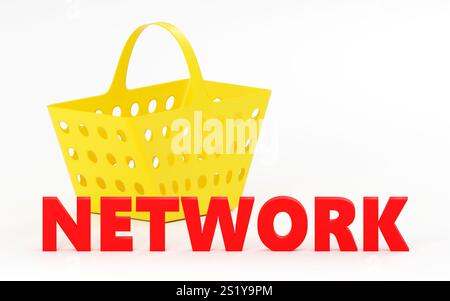Luxury red inscription network on grey podium with empty boxes, soft light, smooth background, 3d render illustration Stock Photo