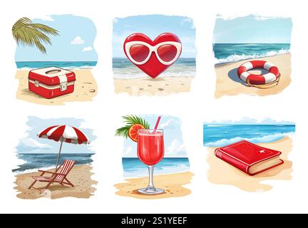 Valentine's Day set of red heart, deck chair on the beach, umbrella, cocktail, safebuoy, book, lunchbox. Elements for Greeting Card. Illustrarions . Stock Photo