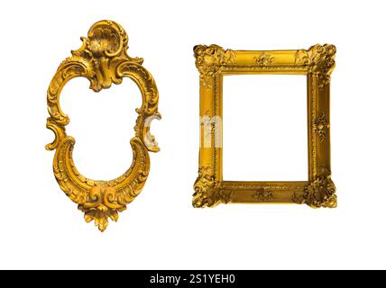 Vintage picture frame set. Ornate, classic designs in gold and yellow, baroque-style rectangular and oval shapes for displaying artwork, portraits in Stock Photo