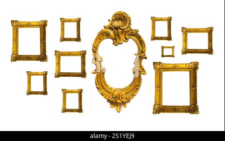 Vintage frame arrangement set. Classic baroque style frames in gold, rectangular, square, and oval shapes. Ornate layout for gallery displays in a tra Stock Photo