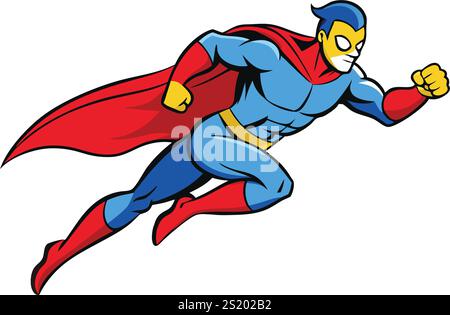 High energy superhero in action with bold red and blue suit, dynamic cape movement, and heroic expression in vector style Stock Vector