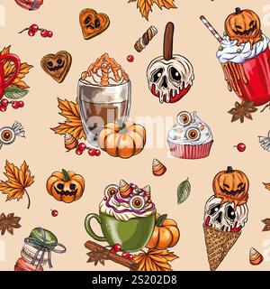 Halloween coffee seamless pattern, food, leaves, coffee Vector collection of cute Halloween mugs. Sublimation T shirt Design Stock Vector