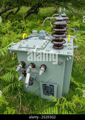 New ABB single phase high voltage electricity power transformer with insulators & lightning protection spark gaps on ground awaiting installation,  UK Stock Photo