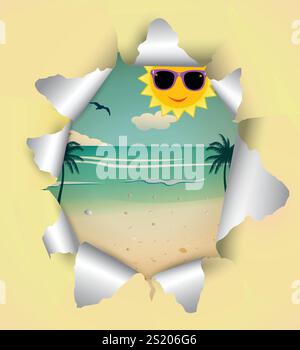 Torn paper with elements of the beach under the sun. EPS 10 Stock Vector