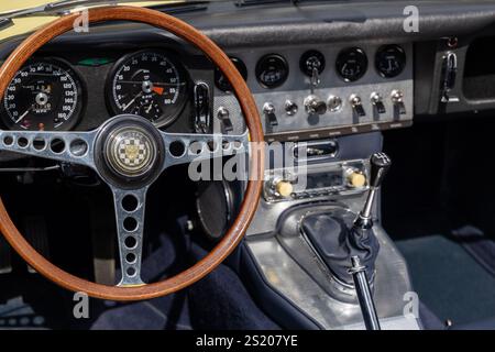 Interior of a Jaguar E-Type classic car at the Concours of Elegance 2024, Hampton Court Palace, London Stock Photo