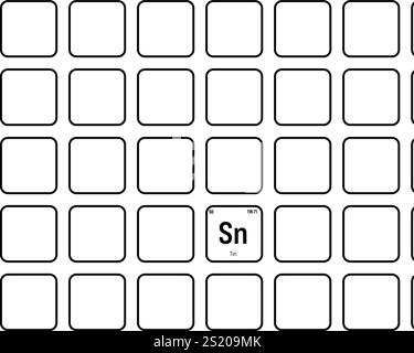 Tin, Sn, periodic table element with name, symbol, atomic number and weight. Post-transition metal with various industrial uses, such as in certain types of alloys, and as a component in certain types of electronic devices. Stock Vector