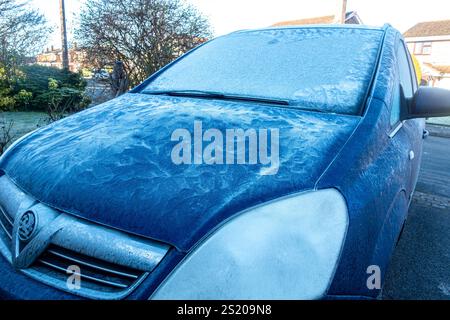 Frost pattern on a car bonnet in winter Stock Photo