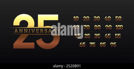 Gold gradient anniversary numbers with elegant typography design, celebrating milestones from 10 to 100 years for branding, events, or commemorative Stock Vector