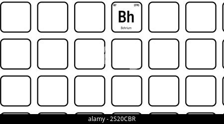 Bohrium, Bh, periodic table element with name, symbol, atomic number and weight. Synthetic element with no known commercial or industrial uses, but has been used in scientific research. Stock Vector