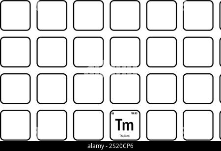 Thulium, Tm, periodic table element with name, symbol, atomic number and weight. Rare earth metal with various industrial uses, such as in certain types of medical imaging and as a component in certain types of electronic devices. Stock Vector