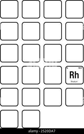 Rhodium, Rh, periodic table element with name, symbol, atomic number and weight. Transition metal with various industrial uses, such as in catalytic converters, jewelry, and as a component of certain types of glass. Stock Vector