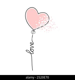 Heart balloon drawn with one continuous line. Cute symbol love. Art icon with pink hearth. Hand draw outline isolated on white background. Drawing Stock Vector