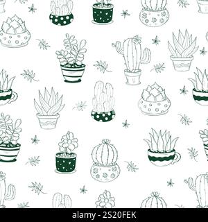 Seamless pattern with flowerpots cactus on white background. Vector illustration. Botanical endless background with exotic potted flowers cacti in doo Stock Vector