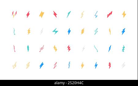 Lightning bolt of energy power and lightening, fast electric thunderbolt in storm color icon set. Flash shock bolt signs of different shapes and arrow, blitz flat elements vector illustration Stock Vector
