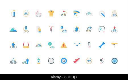 Bicycle and bike parts, sportswear and gear of cyclist for city ride, mountain travel color icon set. Electric bike parking, tire and wheel, saddle and sprocket flat elements vector illustration Stock Vector