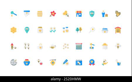 Honey product and honeycomb, apiary, agriculture color icon set. Natural nectar and pollen, beeswax and sweet flower honey certificate, bee and beekeeper, propolis flat elements vector illustration Stock Vector