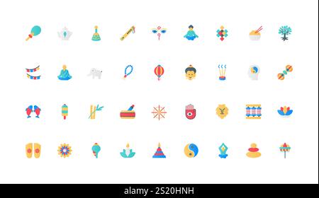 Buddhism, spiritual symbols of meditation, oriental culture, buddhist monk color icon set. Japanese stone garden and bonsai, mandala and tea kettle, incense candle flat elements vector illustration Stock Vector