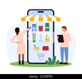 Medical professionals demonstrate an online pharmacy on a large smartphone. The display shows various medications and health products, emphasizing digital healthcare services vector illustration Stock Vector