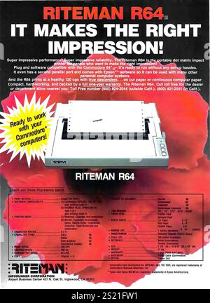 1985 Commodore Riteman R64 Portable Dot Matrix Printer Ad Stock Photo