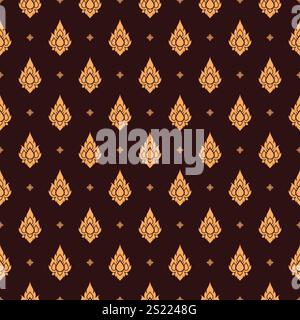 Thai classical diamond-shaped golden floral seamless pattern on dark brown background for background decoration, wallpaper, fabric prints Stock Vector