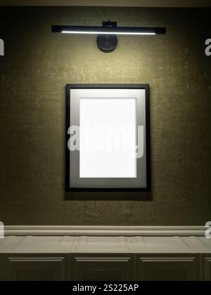 Mockup vertical white blank space in modern black square frame hanging isolated on luxury vintage green background. Empty single rectangular frame for Stock Photo