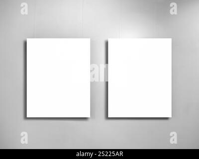 Mockup of two vertical white blank spaces square frame hanging isolated on grey background. Empty 2 rectangular frames for artwork, photo, picture or Stock Photo