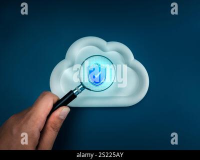 Cloud computing infrastructure technology, AI solution, security data system storage service concept. Safety shield icon on white cloud network focuse Stock Photo