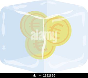 gold silver coins frozen in ice cube. money illustration isolated on white background Stock Vector