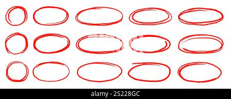 Hand drawn red highlight oval frame shape set. Doodle crayon pencil, marker brush stroke oval underline element pack. Hand drawn pencil stroke sketch marker vector illustration Stock Vector