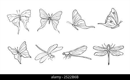 Flying butterflies and dragonflies vector isolated illustration clip art. Abstract fluttering insects painted by black inks. Decorative animal element Stock Vector