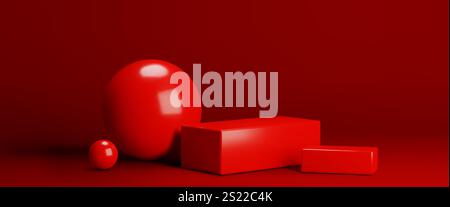 Glossy ball and rectangular block on red background. Vector realistic illustration of romantic gift or luxury product presentation showroom, empty advertising display with geometric shape elements Stock Vector