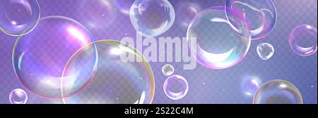 Floating transparent spheres with prismatic reflections. Multiple soap bubbles with iridescent colors and luminous highlights. Banner with 3d glass orbs design background. Holographic irregular balls. Stock Vector