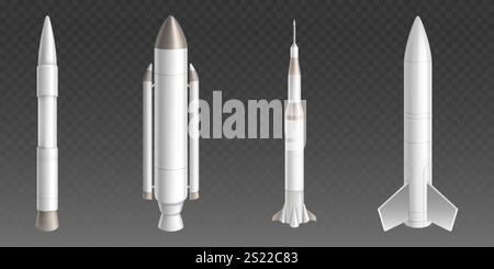 Realistic space rocket collection in white and metallic colors. Cosmic vehicles with different propulsion systems, boosters, stabilizing fins and nose cones. 3d vector scientific spacecraft models. Stock Vector
