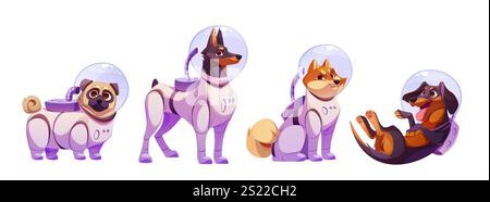 Space dog character set in protective suits - cartoon pug, doberman, shiba inu and dachshund wearing purple astronaut gear with transparent helmets. Cute cosmic pets for science fiction game design. Stock Vector