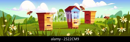 Wooden beehive boxes in summer apiary landscape - colorful hives standing on green meadow with blooming daisies, surrounding bushes and flying bees. Rural farm scenery with honey making equipment. Stock Vector
