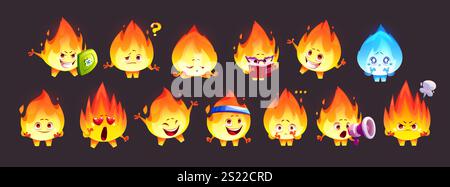 Cute flame mascot emotions and actions set - fiery character brave with shield, confused and sleeping, reading book, with happy and upset expressions. Kawaii burning personage displaying feelings. Stock Vector