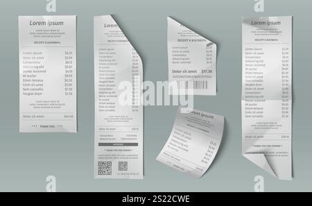 Payment receipts set isolated on background. Vector realistic illustration of rolled and folded paper checks with printed product prices, grocery shop, restaurant service, bank pos terminal invoice Stock Vector