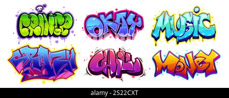 Graffiti lettering text collection in cartoon style - vibrant design of urban art. Bold typography with multicolored spray paint effects, drips, splashes and bubble shapes. Street art elements Stock Vector