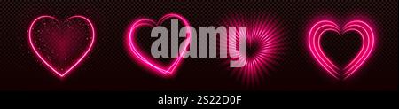 Neon pink heart shapes collection with various glowing effects - sparkling star dust, luminous outline, radiant burst and gleaming lines on transparent background. Romantic Valentine day decorations. Stock Vector