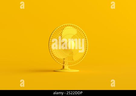 Yellow electric fan blows cool air on a sunny background, adding freshness and comfort to indoor spaces. Ideal for hot summer days. 3D render Stock Photo